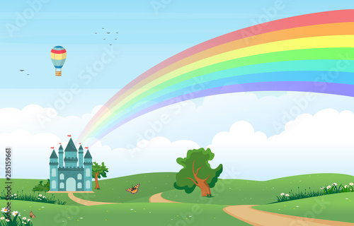 Beautiful Rainbow Sky with Green Meadow Mountain Nature Landscape Illustration