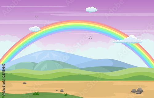 Beautiful Rainbow Sky with Green Meadow Mountain Nature Landscape Illustration