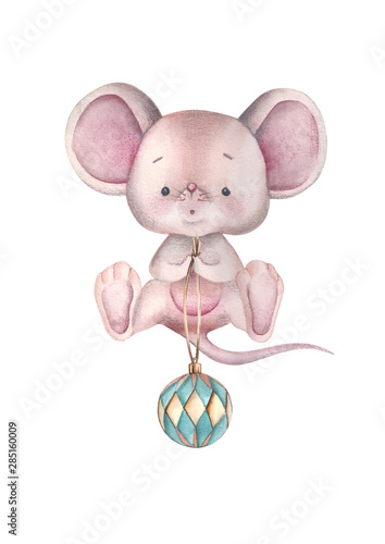 Symbol of the year. Cute mouse and Christmas ball. Vintage illustration.