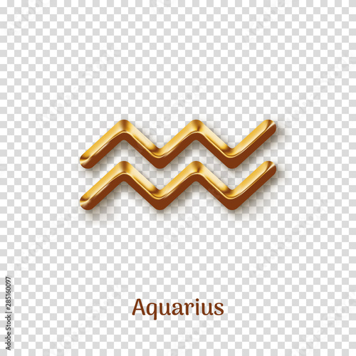 Aquarius golden zodiac sign with shadow isolated on transparent background. Luxury star sign for astrology horoscope prediction. Realistic gold design of horoscope constellation vector illustration