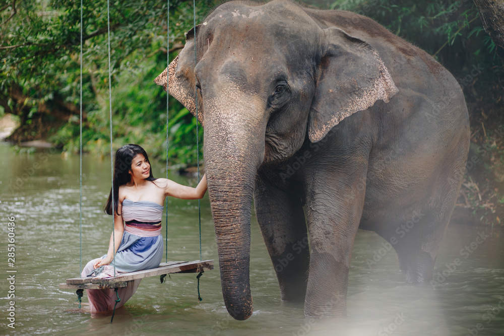 Fototapeta premium Portrait Asian woman enjoying with elephant