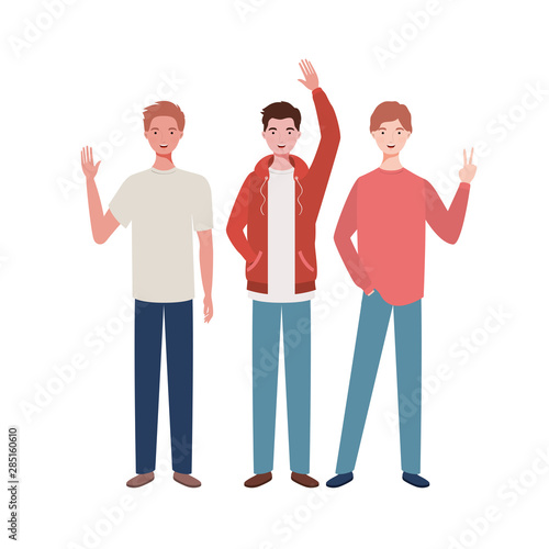 young men standing on white background