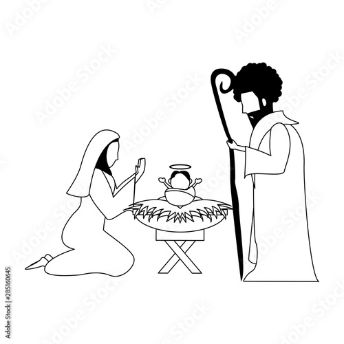 merry christmas nativity christian cartoon in black and white