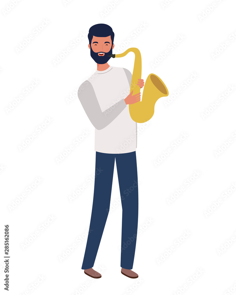 young man with saxophone on white background