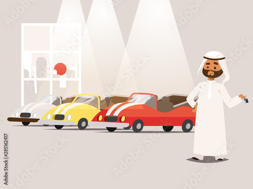 Arab businessman wearing traditional clothing near car park banner vector illustration. Cartoon character in muslim clothes standing near sport vehicles. Arabic business person.