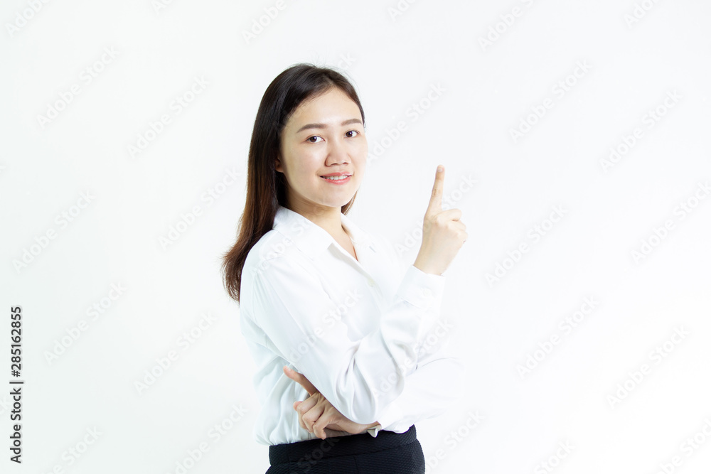 Portrait of smart and good looking Asian woman show her forefinger close up on white background. Portrait of smart and good looking Asian woman show her forefinger close up on white background.