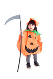 Little asian girl wearing pumpkin costume for halloween celebration standing over white background