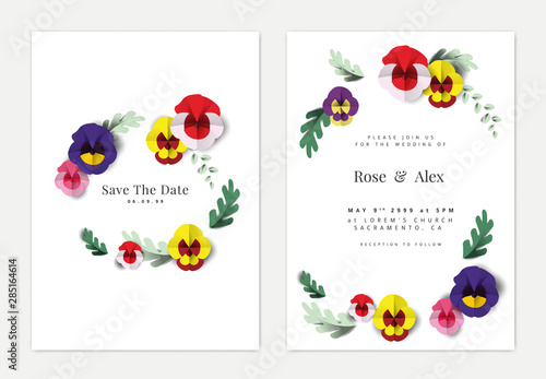 Botanical wedding invitation card template design, colorful pansy flowers and leaves paper art on white