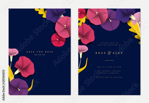 Botanical wedding invitation card template design, colorful morning glory flowers and leaves paper art on dark blue