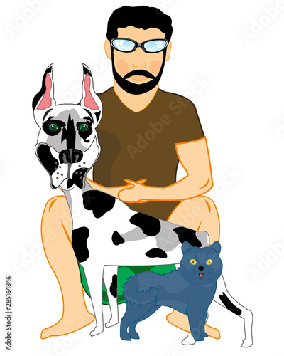Man with pets on white background is insulated
