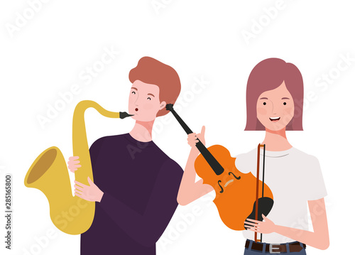 couple of people with musicals instruments on white background