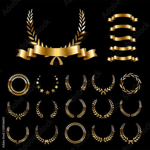 Golden laurel wreaths and ribbons set on black background. Set of foliate award wreath for championship or cinema festival. Vector illustration.