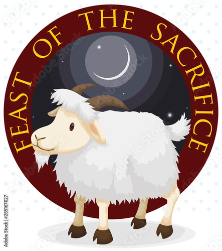 Button with Goat and Crescent Moon to Celebrate Eid al-Adha, Vector Illustration