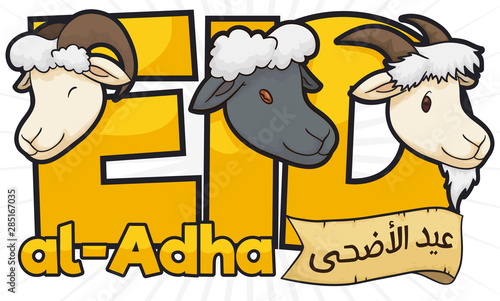 Ram, Sheep, Goat and Scroll Promoting Eid al-Adha Festival, Vector Illustration