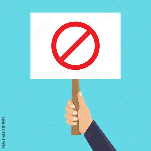 Stop sign, hand holding the stop board with blue background flat design vector illustration