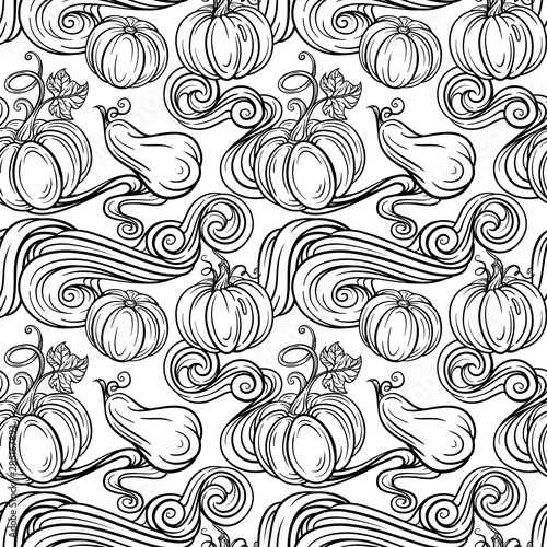 Black and white autumn vector seamless pattern. Pumpkins, raindrops and autumn leaves background.