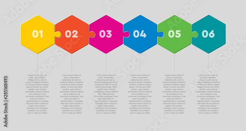 Six pieces puzzle hexagon line info graphic.