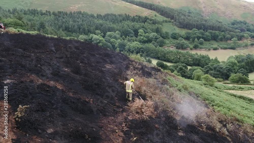 Drone shot of wild fire and fire engine. photo