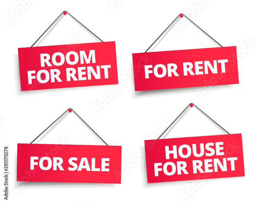 Room for rent. Rope sign set. Word on red ribbon headline. Red tape text title. Real estate property rental. Vector flat color Illustration .