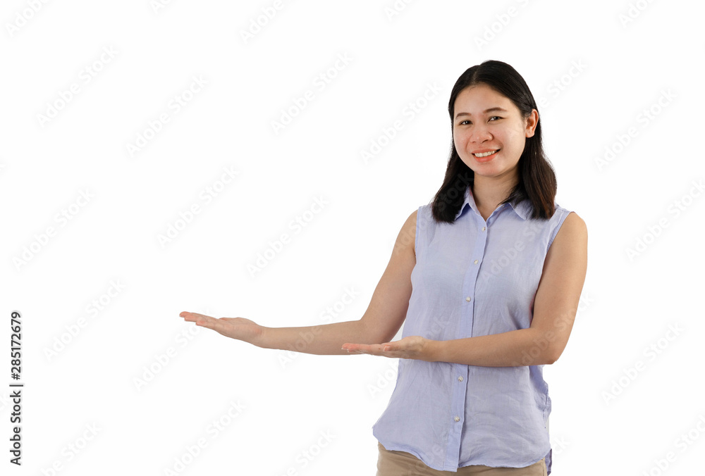 Beautiful young woman Looking camera showing copy space pointing. isolated White background. Beautiful young woman Looking camera showing copy space pointing. isolated White background.