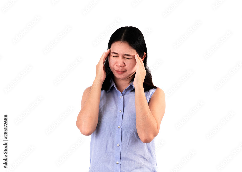 Beautiful young woman being stressed at work isolated white background. Beautiful young woman being stressed at work isolated white background.