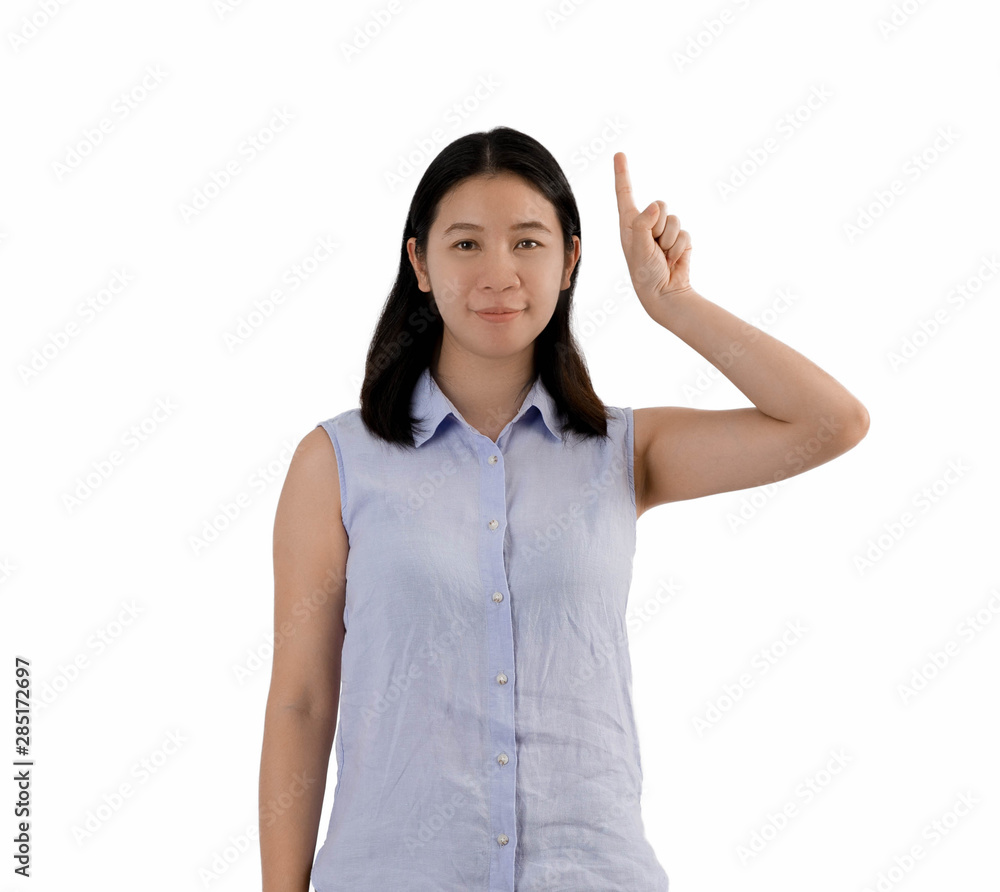 Smiling young woman pointing finger on copy space. isolated White background. Smiling young woman pointing finger on copy space. isolated White background.