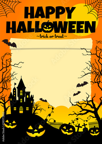Halloween silhouette background vector illustration. Poster (flyer) template design (with text space) / orange 