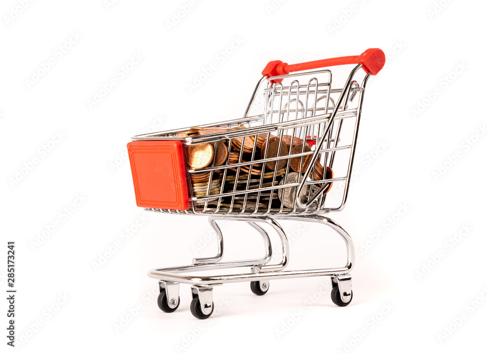 coins money and shopping cart or supermarket trolley business finance shopping concept on white background.
