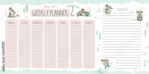 Weekly planner and to do list with cute rats, adorable wildlife animals. 2020 Year symbols. Template page.