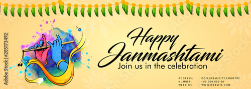 illustration of Lord Krishna playing dahi handi in Happy Janmashtami festival background of India