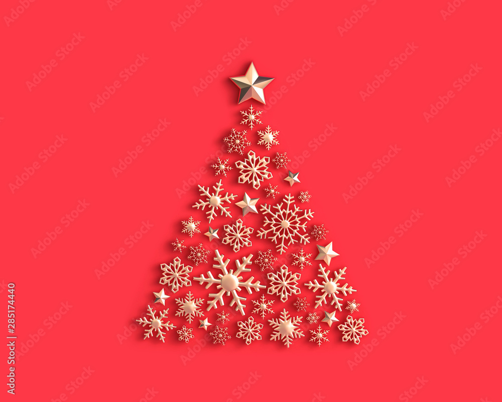 Golden snowflakes in the shape of a Christmas tree on red Golden snowflakes in the shape of a Christmas tree on red