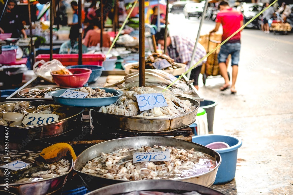 Seafood in the Thailand market Such as Shrimp (Prawn), Crab, Squid (Octopus, Cuttlefish).