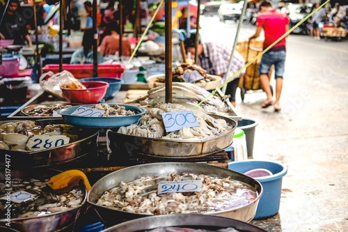 Seafood in the Thailand market Such as Shrimp (Prawn), Crab, Squid (Octopus, Cuttlefish). © Pungu x