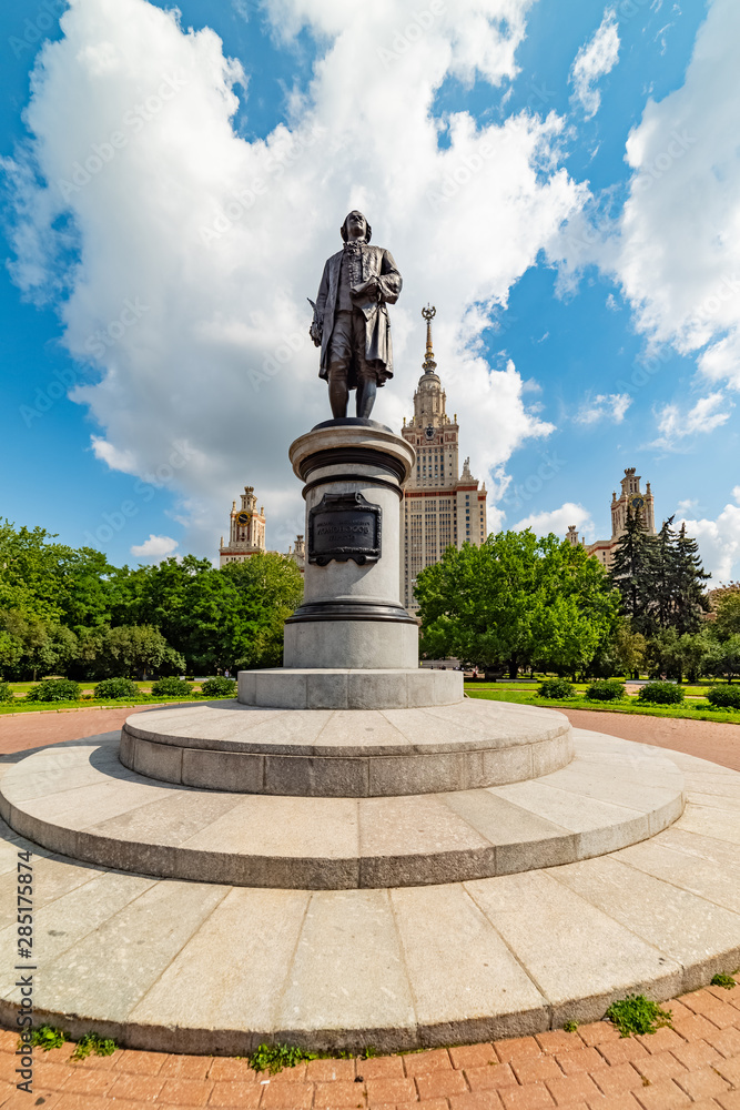 City the Moscow .view of the Moscow State University named after M.V. Lomonosov.Monument to Mikhail Lomonosov.Russia.2019