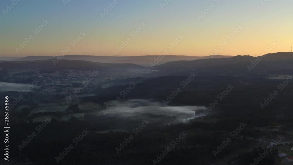 Beautiful foggy morning on the mountain. Drone shot in Portugal at sunrise. Beautiful foggy morning on the mountain. Drone shot in Portugal at sunrise.