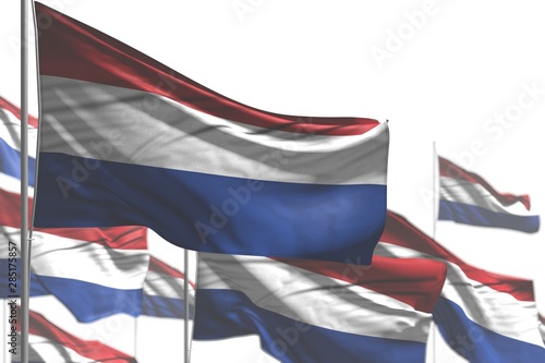 nice many Netherlands flags are wave isolated on white - picture with soft focus - any occasion flag 3d illustration..