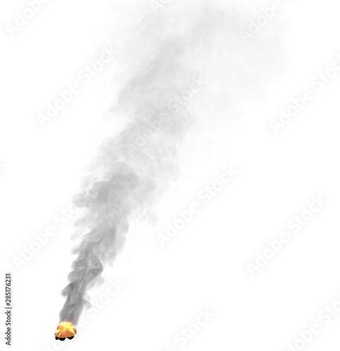 flaming touristic campfire place with dense black smoke isolated on white color, creative fire 3D illustration