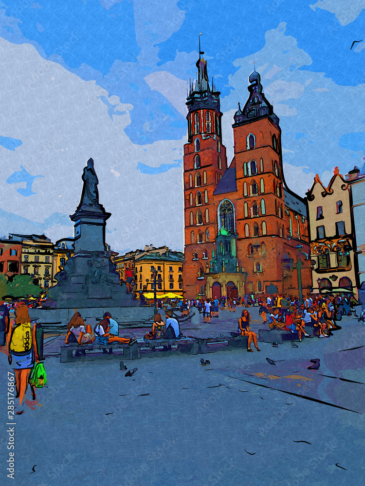 Obraz Old city Krakow art illustration retro vintage
