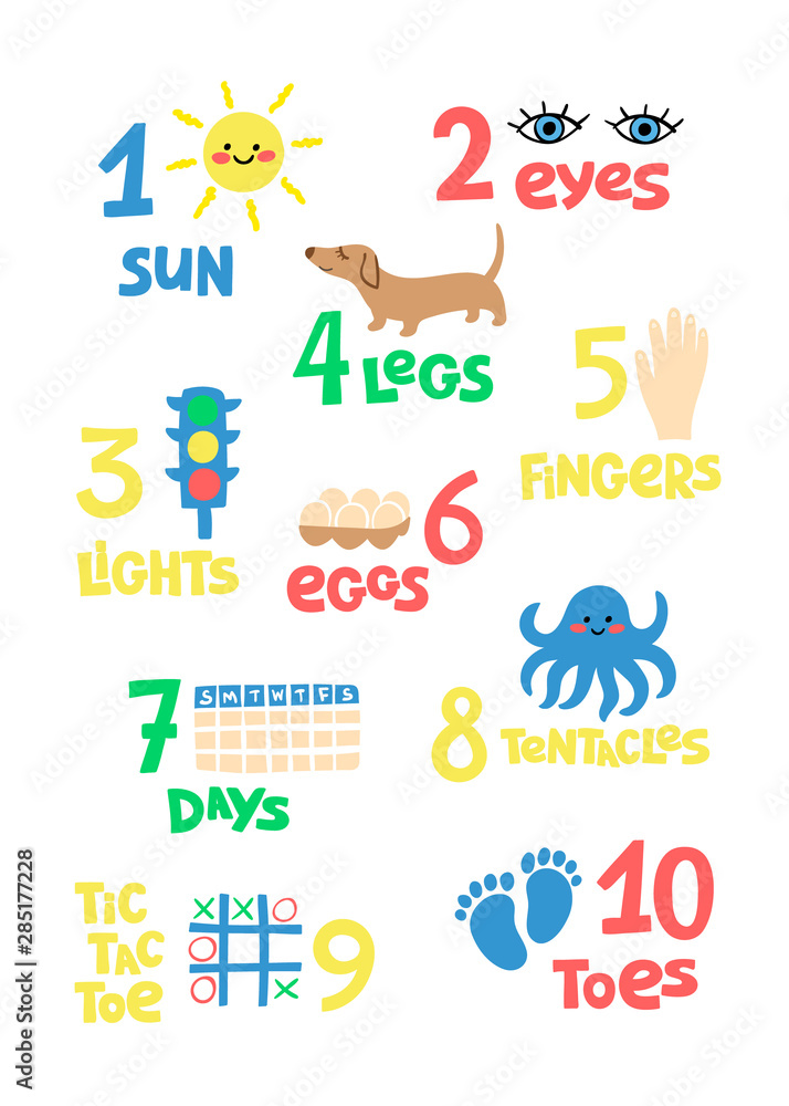Numbers and counting practice printable poster, worksheet for pre school, kindergarten kids. Colorful numbers flashcard for kids.