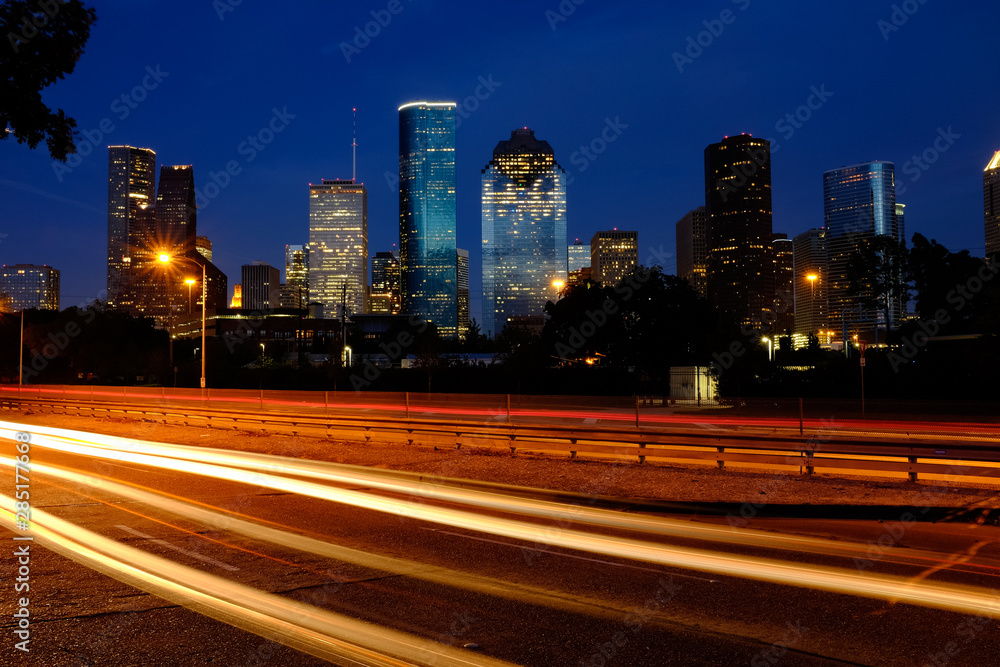 Night landscape skyline view of Downtown Houston city during sunrise