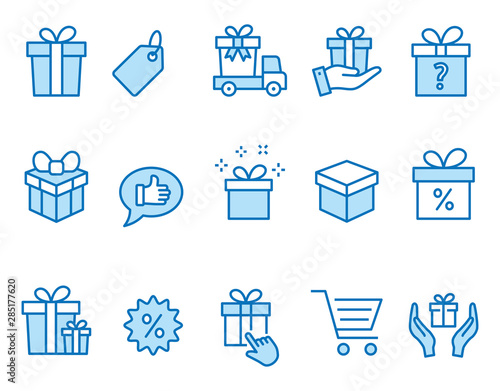 Gift box icons set. Black vector illustration. Editable stroke.