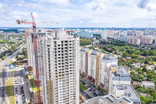 aerial panoramic view of city construction site. building of modern apartments