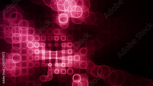 Abstract red on black background element. Fractal graphics 3d illustration. Wide format composition of grid cells and circles. Information technology concept.