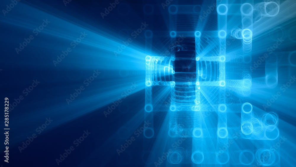 Obraz premium Abstract background element. Fractal graphics 3d illustration. Wide format composition of grid cells and circles. Information technology concept.