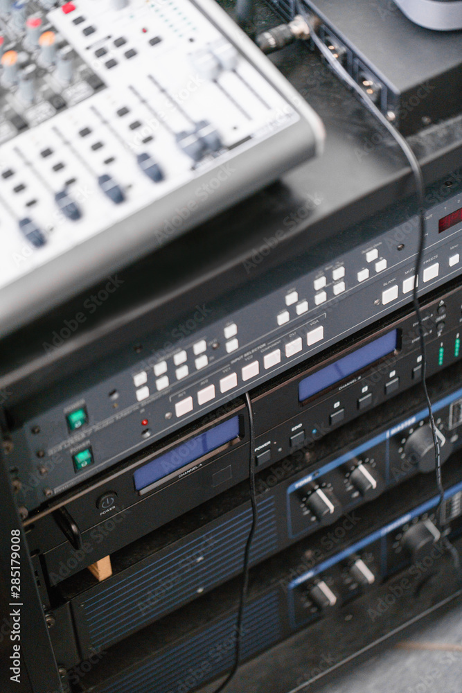 Sound mixer. Professional audio mixing console with lights, buttons, faders and sliders. Sound mixer. Professional audio mixing console with lights, buttons, faders and sliders.