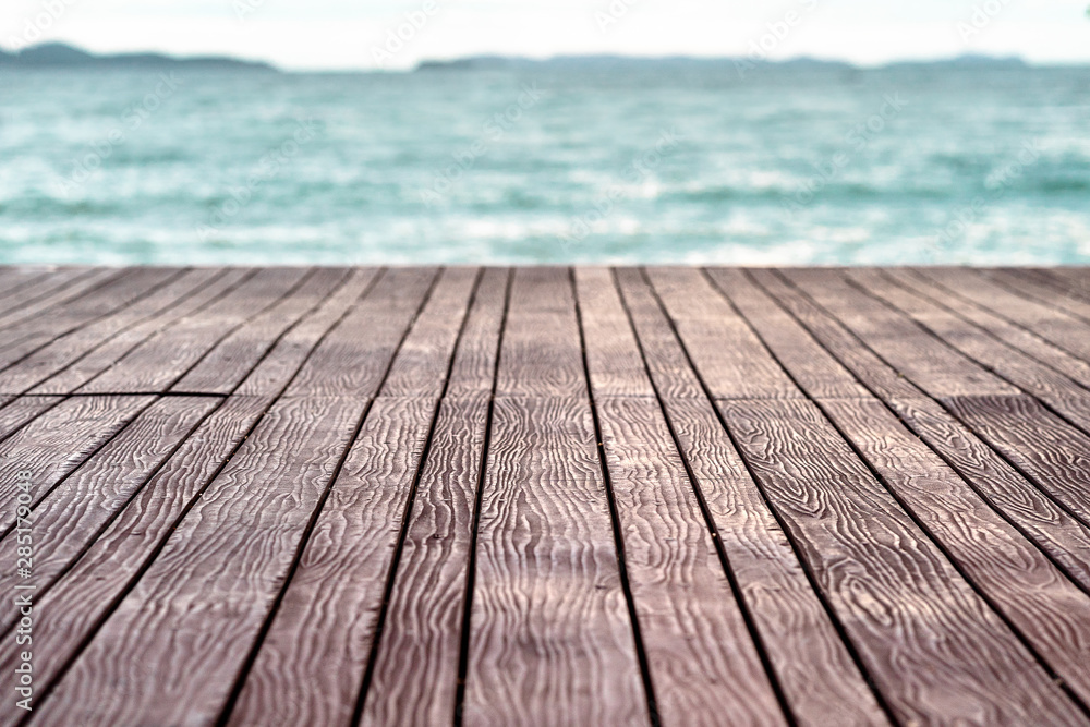 Background of Wooden Table or Floor with Sea in Perspective