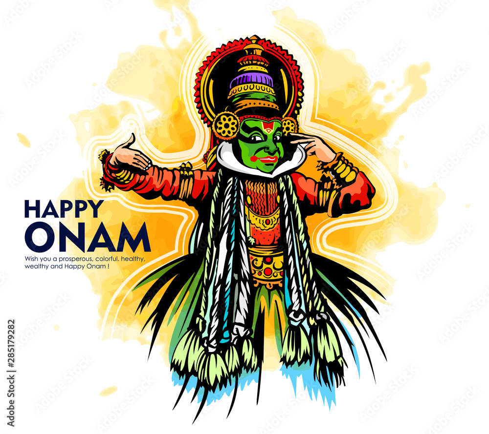 illustration of colorful Kathakali dancer and snakeboat race in Onam celebration on background for Happy Onam 