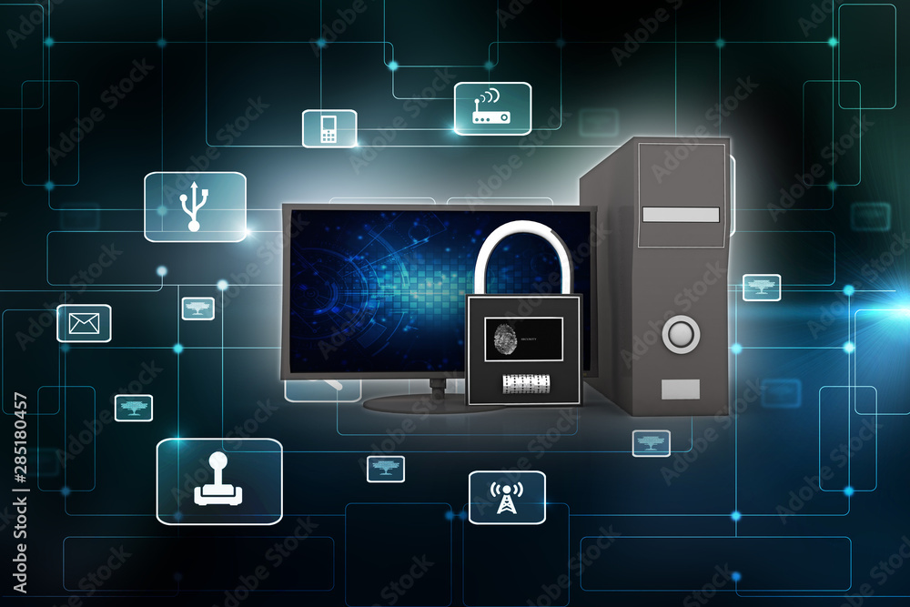 3d illustration Safety concept: Closed Padlock with computer pc on digital background