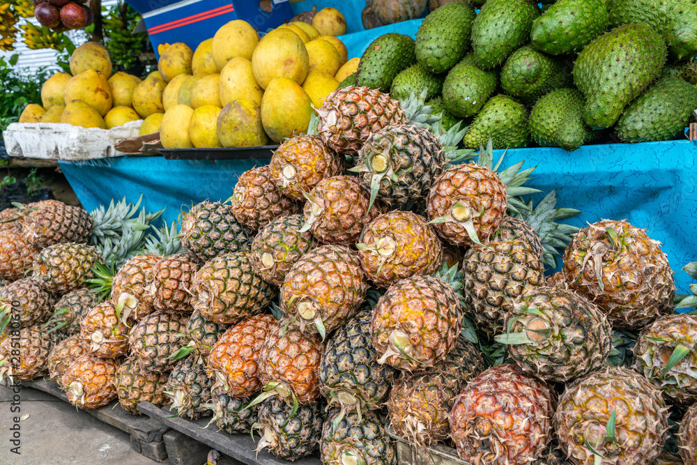 Pineapple, grapefruit and soursop fruit for sale at outdoor market