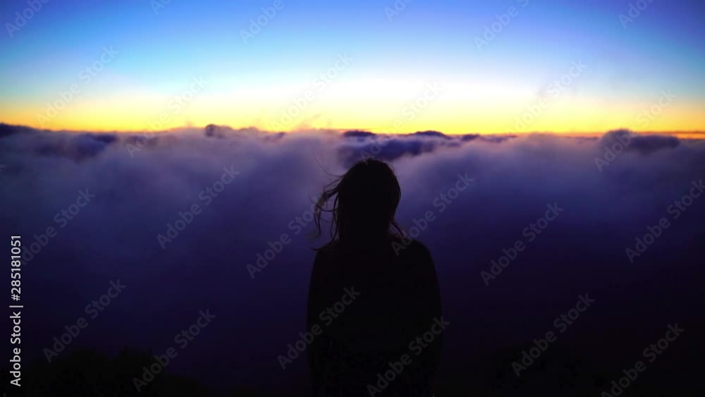 Beautiful Girl silhouette watching over the clouds sunrise, early morning on top of the mountian. Medium Close up of Female slim body with long hair blowing in the wind. Colorful sky Beautiful Girl silhouette watching over the clouds sunrise, early morning on top of the mountian. Medium Close up of Female slim body with long hair blowing in the wind. Colorful sky